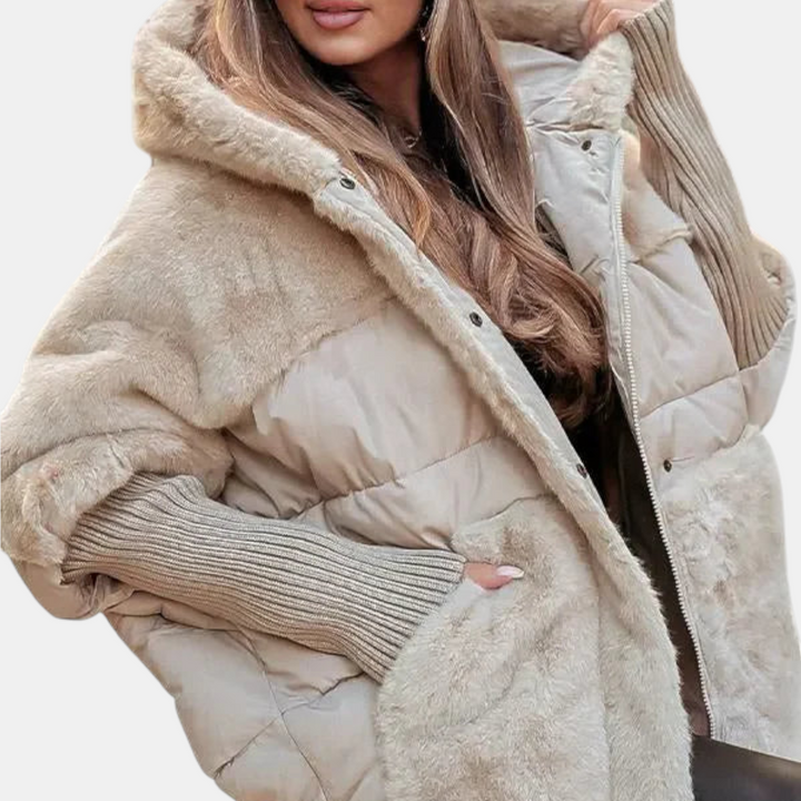 Women's Oversized Puffer Jacket – Hooded Patchwork Winter Coat