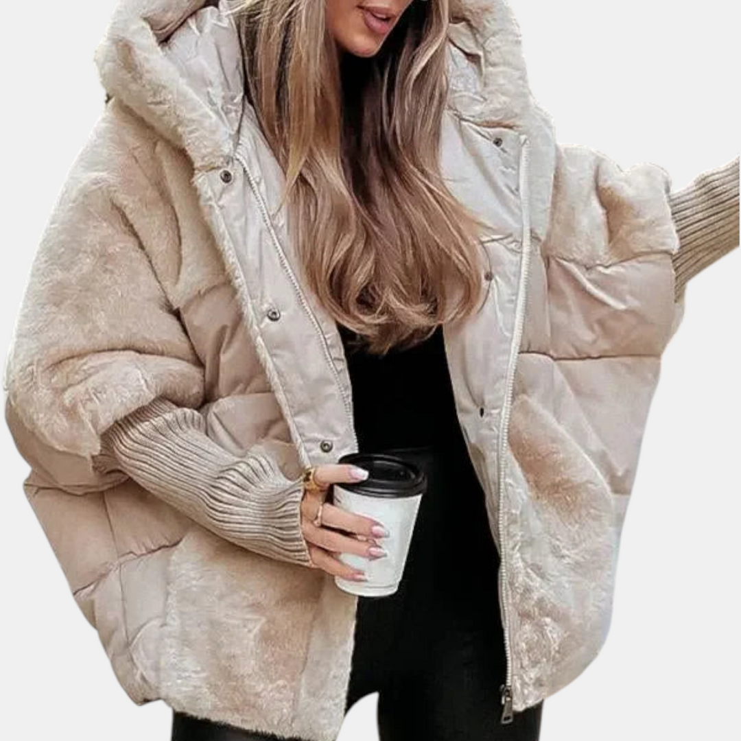 Women's Oversized Puffer Jacket – Hooded Patchwork Winter Coat