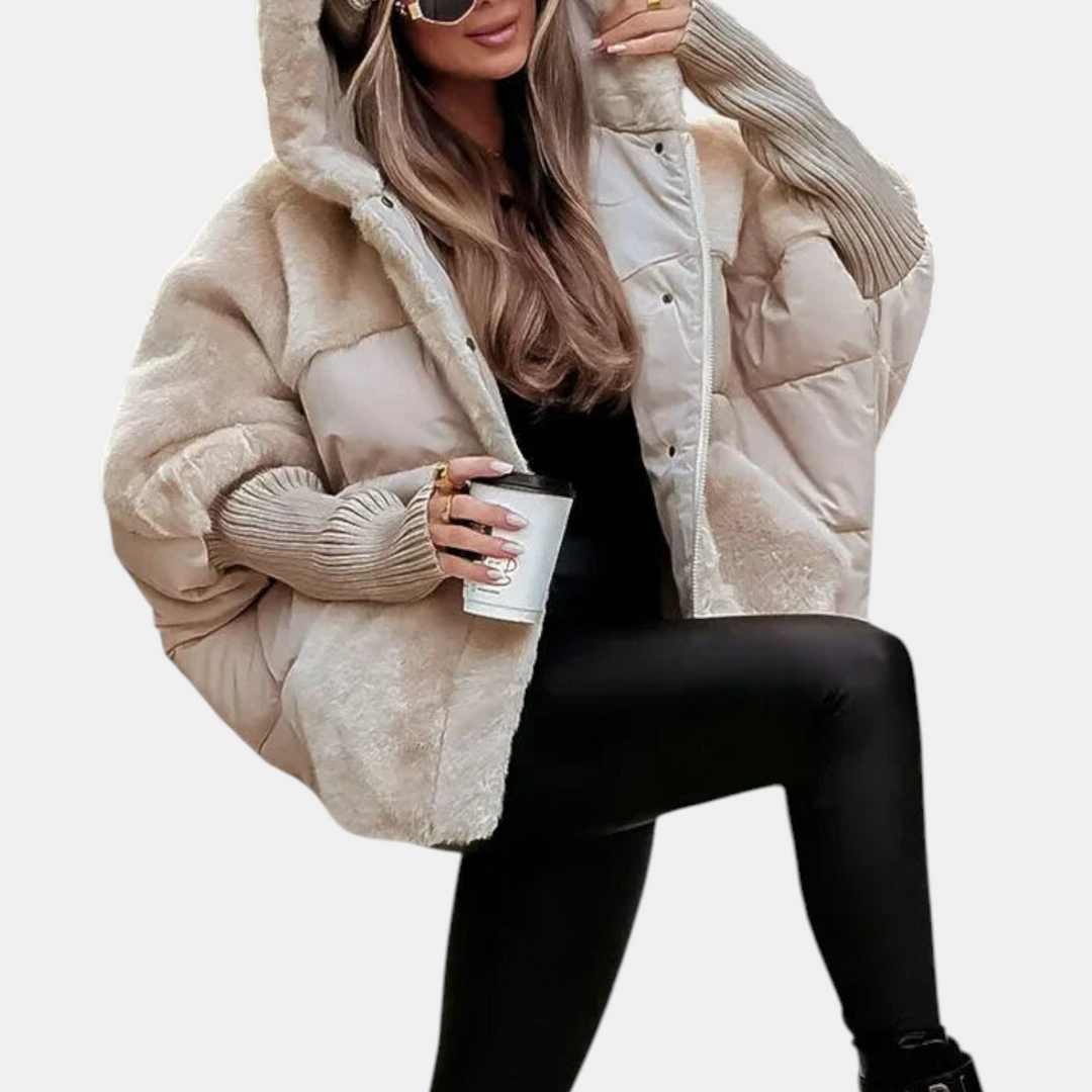 Women's Oversized Puffer Jacket – Hooded Patchwork Winter Coat