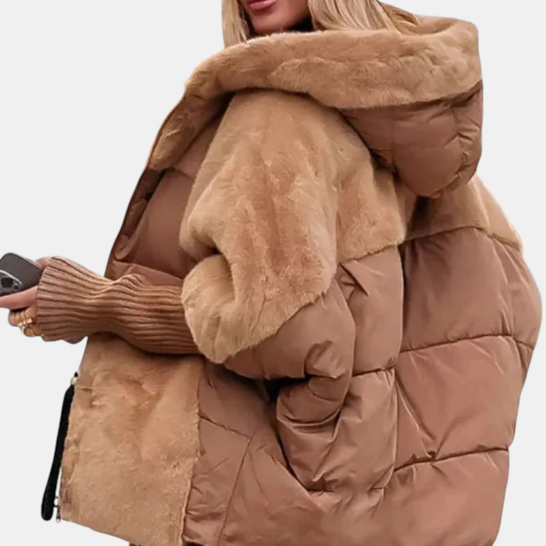 Women's Oversized Puffer Jacket – Hooded Patchwork Winter Coat