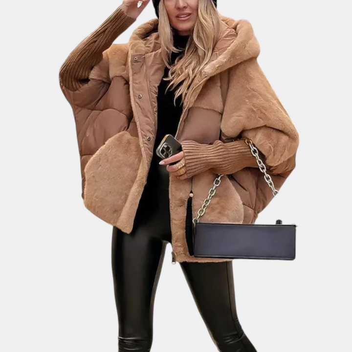 Women's Oversized Puffer Jacket – Hooded Patchwork Winter Coat