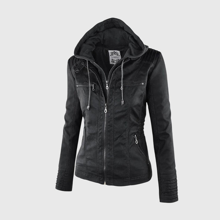 Women's Faux Leather Jacket with Hood – Fitted Casual Coat