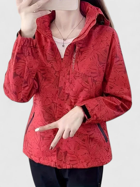 Women's Windbreaker Jacket – Leaf Print Hooded Water-Resistant Coat