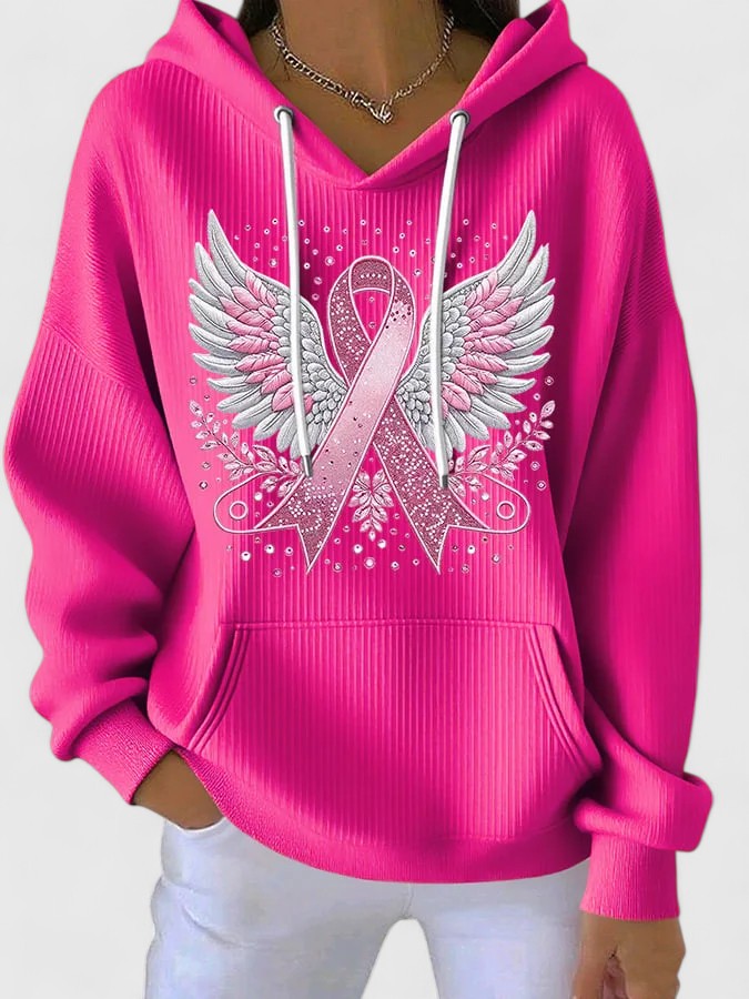 Women's Ribbon Print Hoodie – Drawstring Sweatshirt with Pockets
