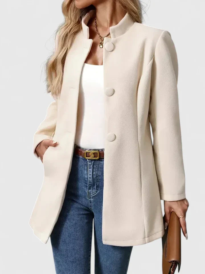 Women's Collarless Jacket – Mid-Length Button Coat with Pockets