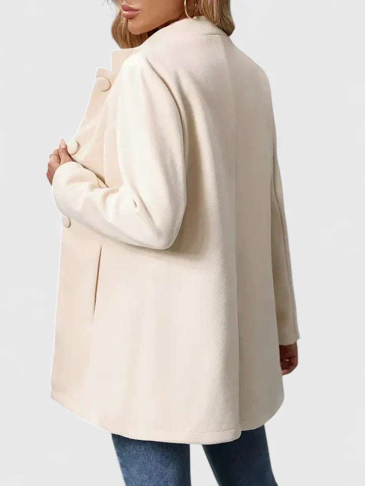Women's Collarless Jacket – Mid-Length Button Coat with Pockets