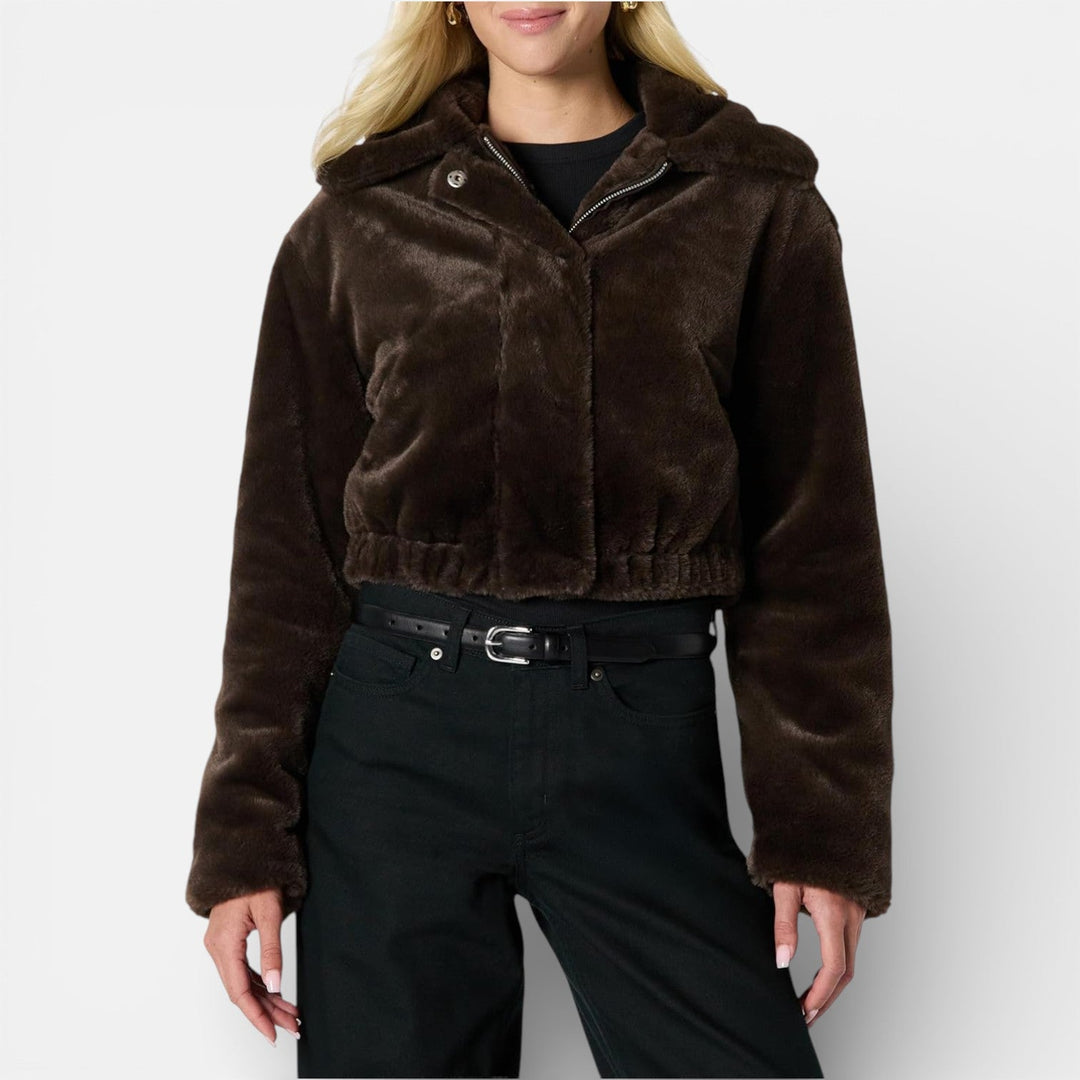Women's Faux Fur Jacket – Oversized Short Cropped Coat with Collar
