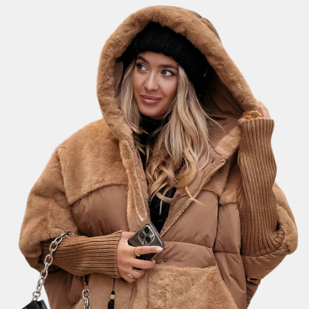 Women's Oversized Puffer Jacket – Hooded Patchwork Winter Coat