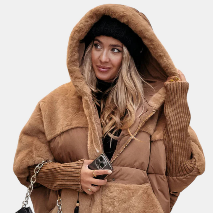 Women's Oversized Puffer Jacket – Hooded Patchwork Winter Coat