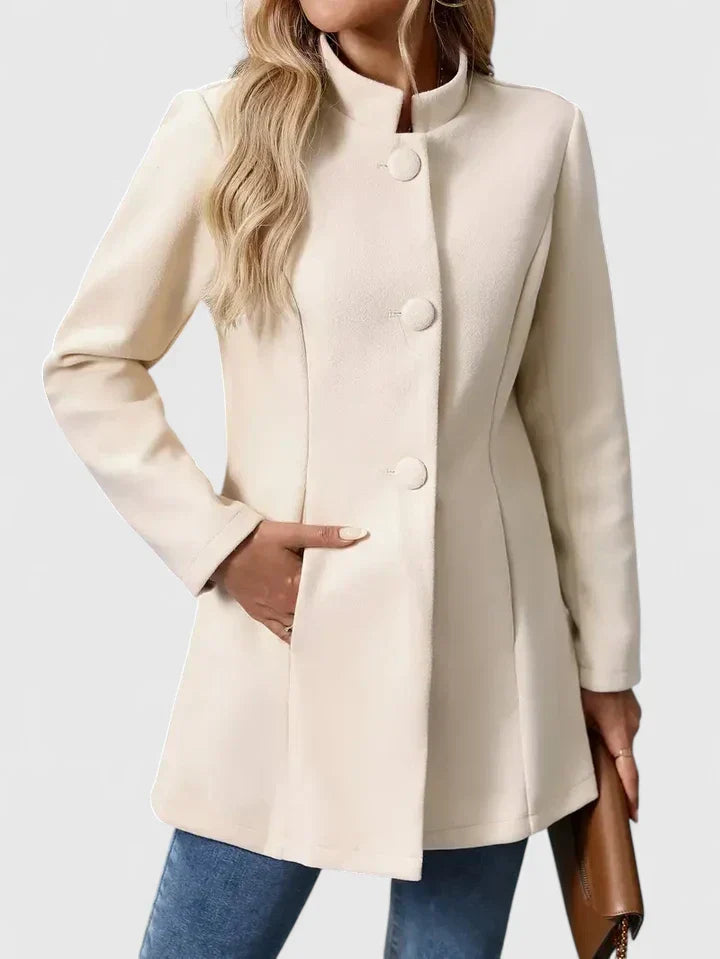 Women's Collarless Jacket – Mid-Length Button Coat with Pockets