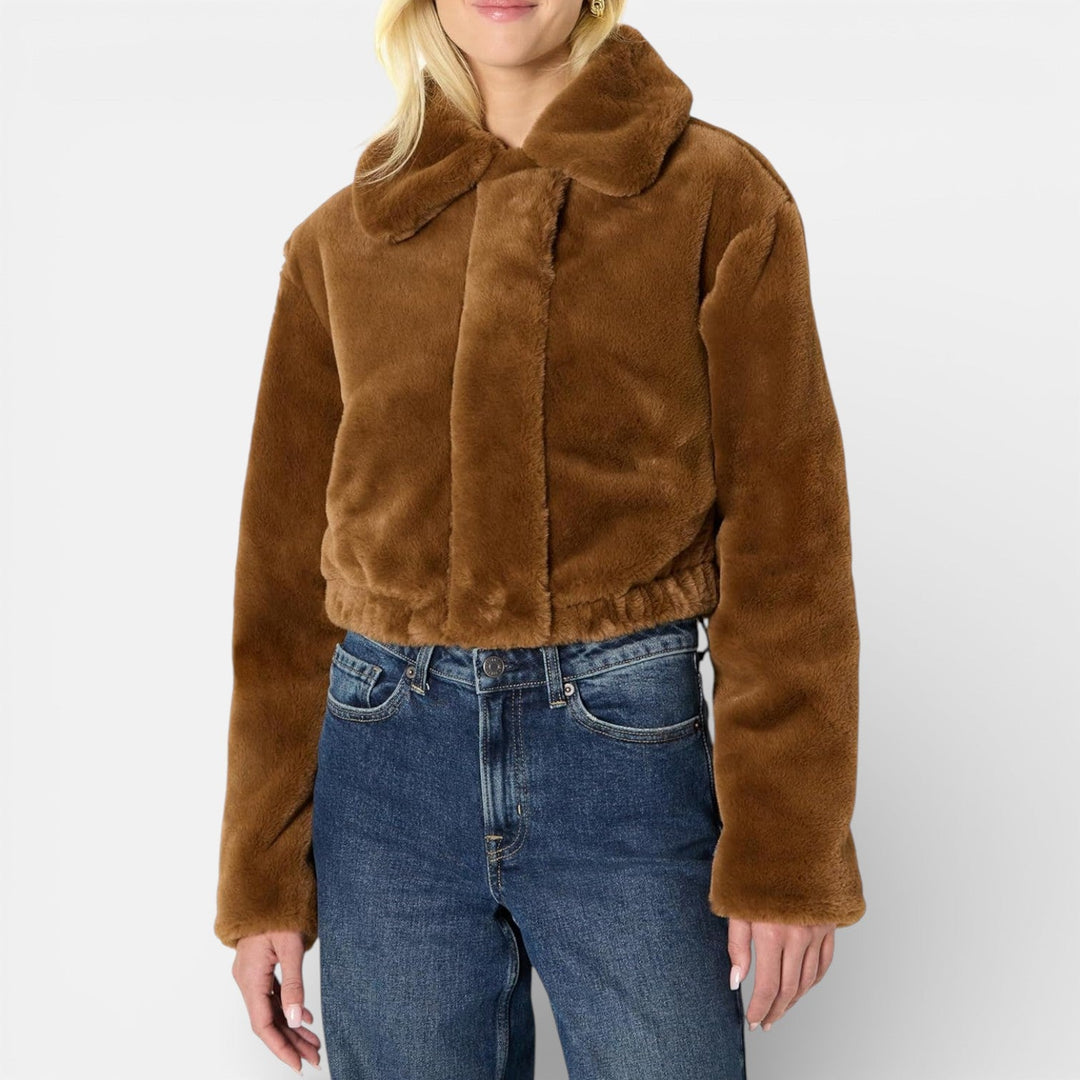 Women's Faux Fur Jacket – Oversized Short Cropped Coat with Collar
