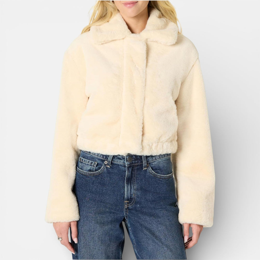 Women's Faux Fur Jacket – Oversized Short Cropped Coat with Collar