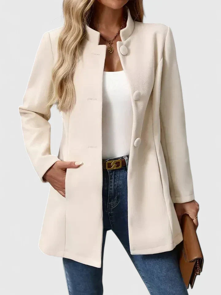 Women's Collarless Jacket – Mid-Length Button Coat with Pockets