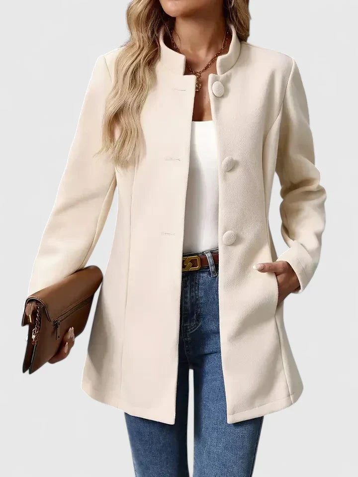 Women's Collarless Jacket – Mid-Length Button Coat with Pockets