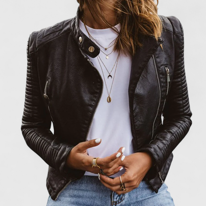 Women's Faux Leather Jacket – Slim Fit Quilted Sleeve Biker Jacket