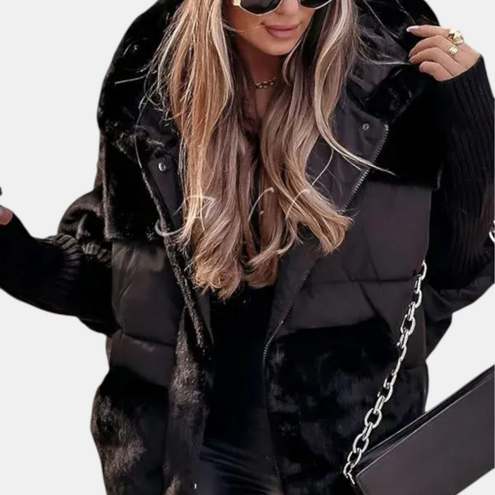 Women's Oversized Puffer Jacket – Hooded Patchwork Winter Coat