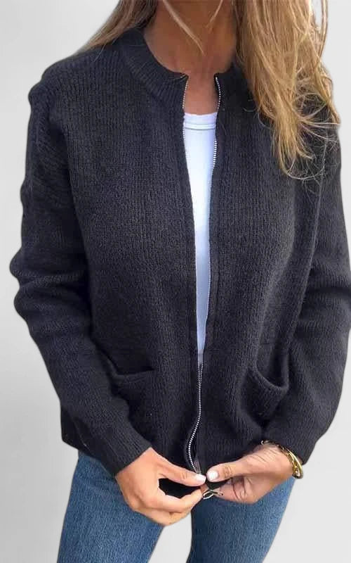 Women's Zip-Up Jacket – Round Neck Relaxed Fit Jacket with Pockets