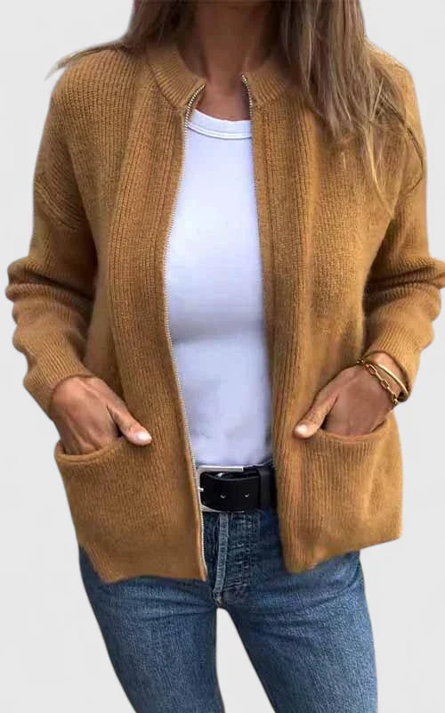 Women's Zip-Up Jacket – Round Neck Relaxed Fit Jacket with Pockets