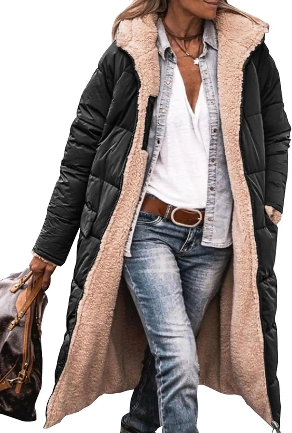 Women's Reversible Puffer Coat – Sherpa Fleece Lined Hooded Winter