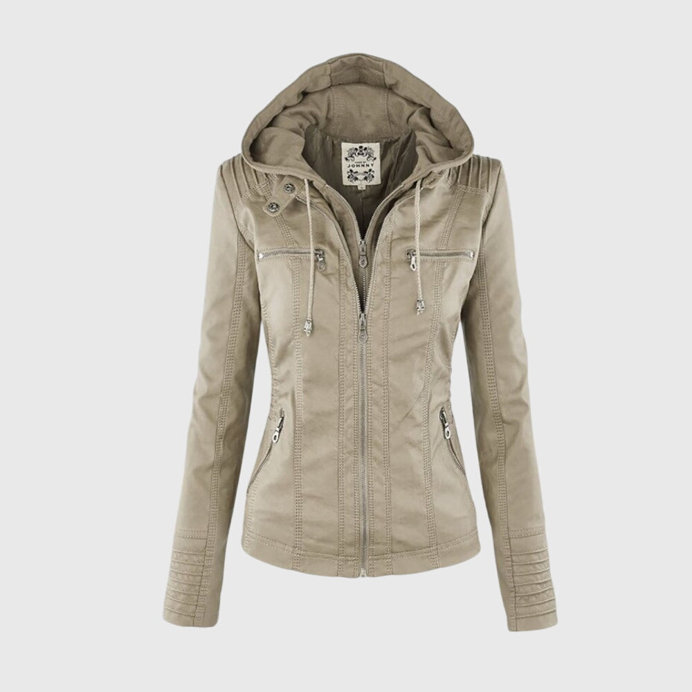 Women's Faux Leather Jacket with Hood – Fitted Casual Coat