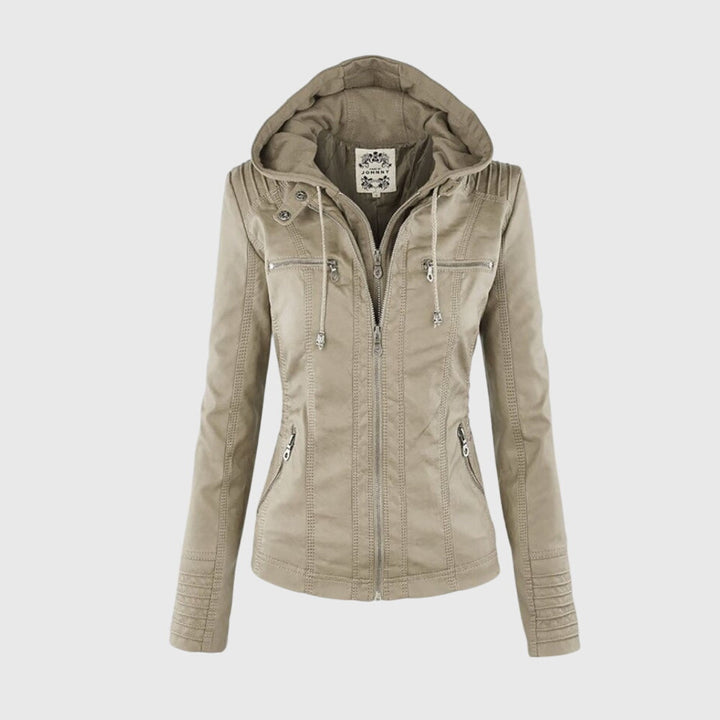 Women's Faux Leather Jacket with Hood – Fitted Casual Coat