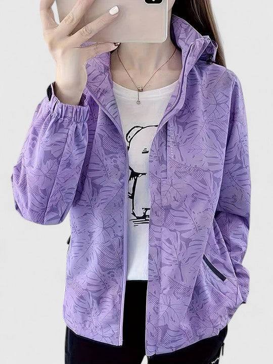 Women's Windbreaker Jacket – Leaf Print Hooded Water-Resistant Coat
