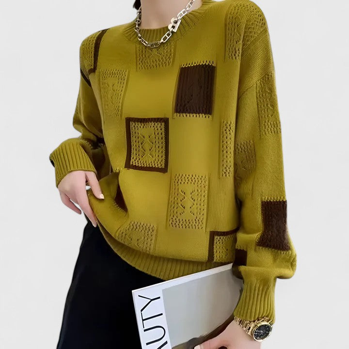 Women's Knit Sweater – Openwork Round Neck Pullover, Soft and Warm