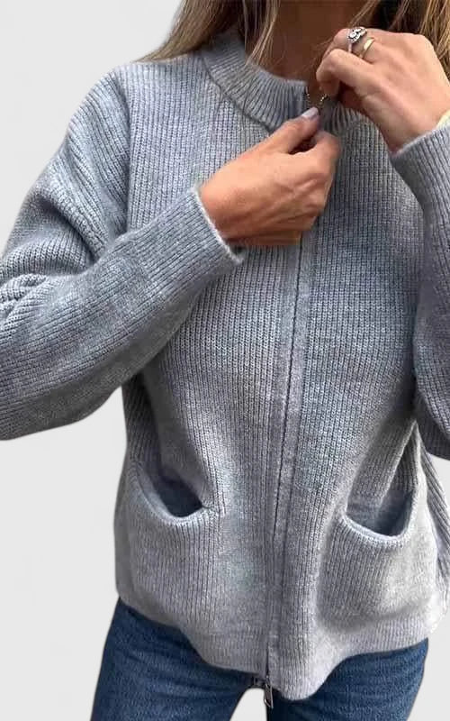 Women's Zip-Up Jacket – Round Neck Relaxed Fit Jacket with Pockets