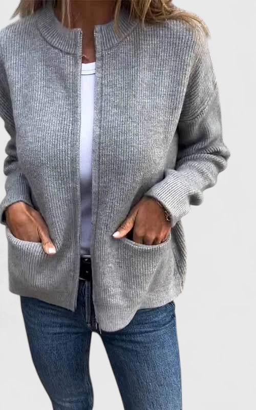 Women's Zip-Up Jacket – Round Neck Relaxed Fit Jacket with Pockets