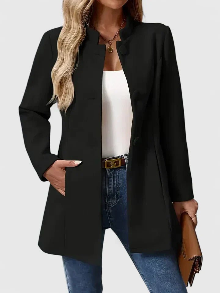 Women's Collarless Jacket – Mid-Length Button Coat with Pockets