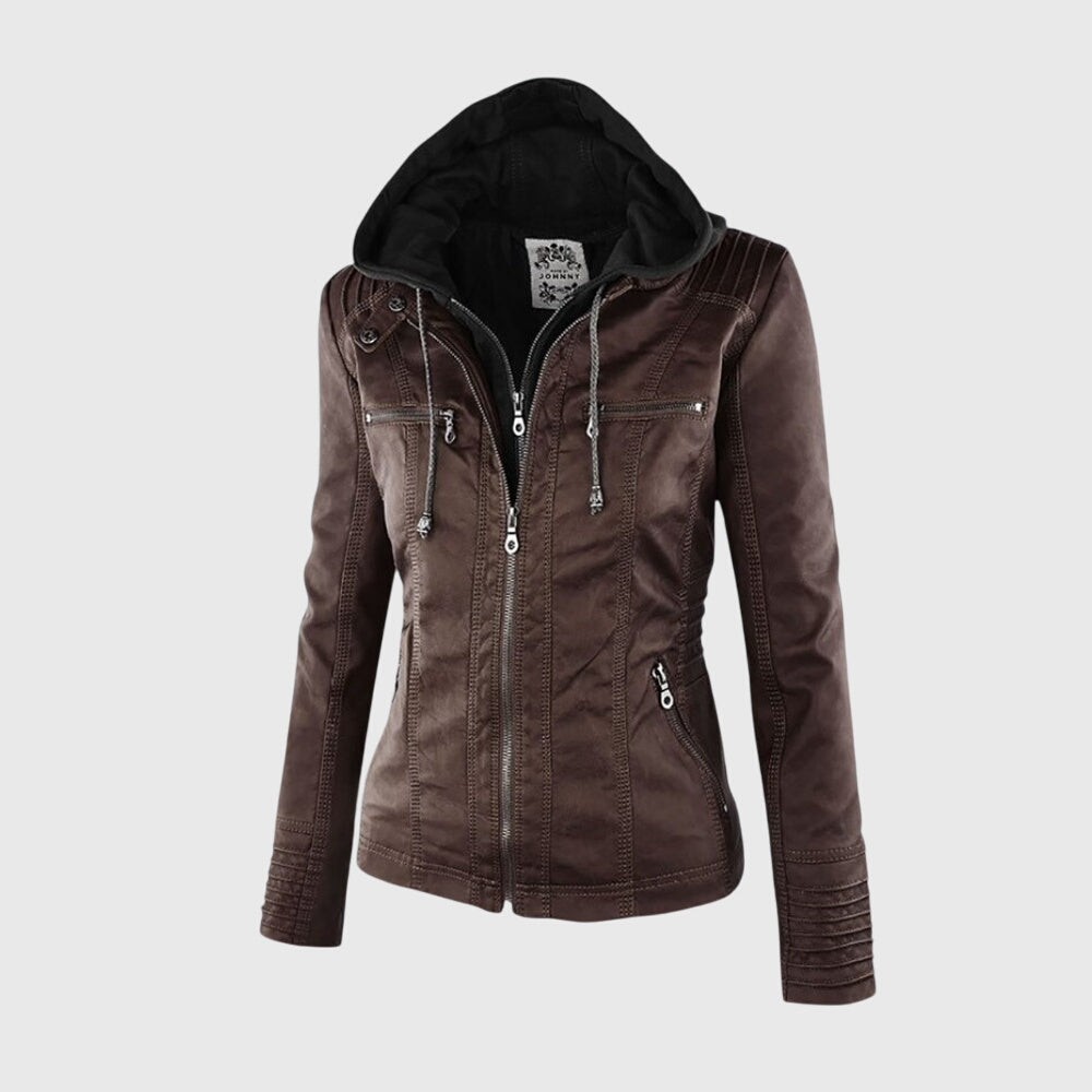 Women's Faux Leather Jacket with Hood – Fitted Casual Coat