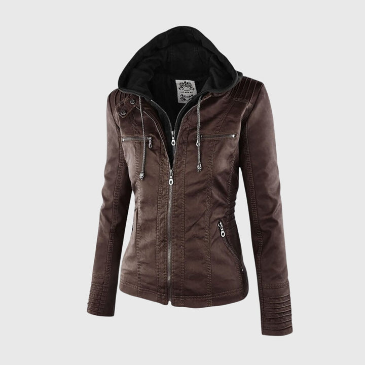 Women's Faux Leather Jacket with Hood – Fitted Casual Coat
