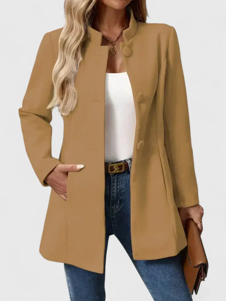 Women's Collarless Jacket – Mid-Length Button Coat with Pockets