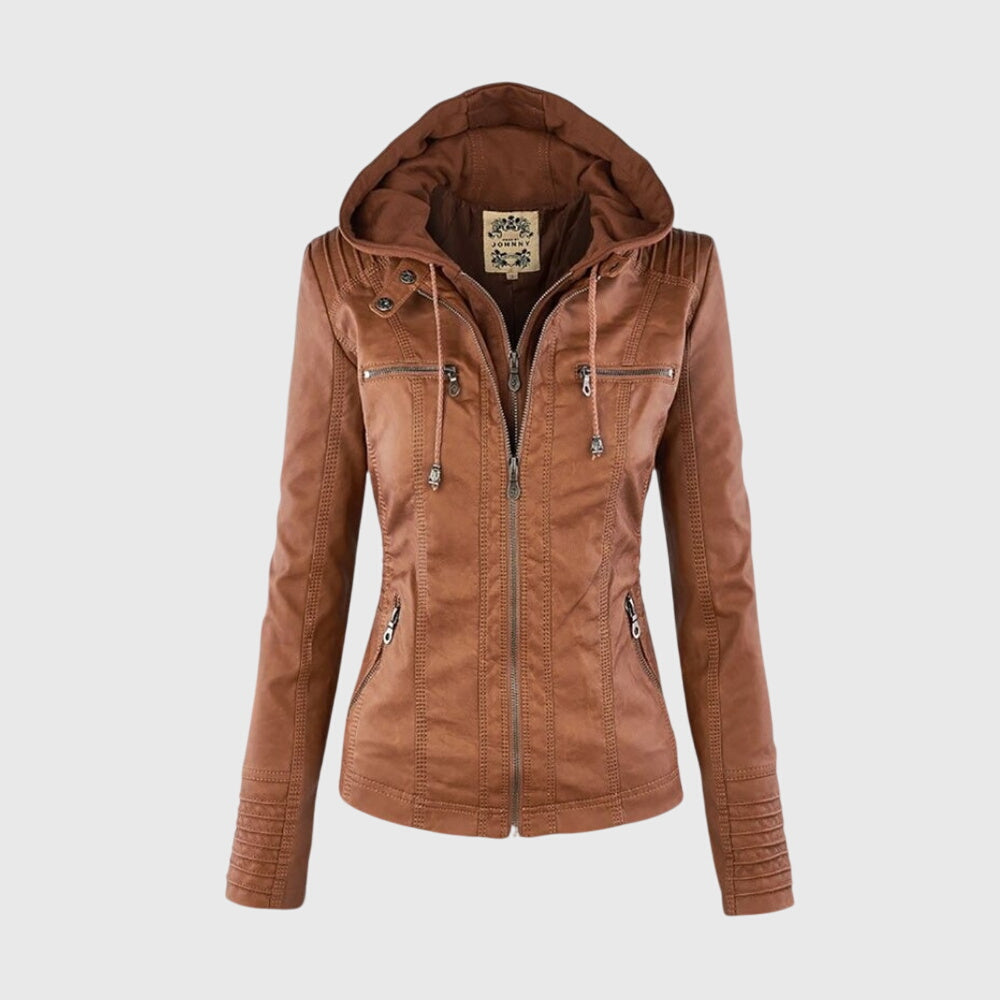 Women's Faux Leather Jacket with Hood – Fitted Casual Coat