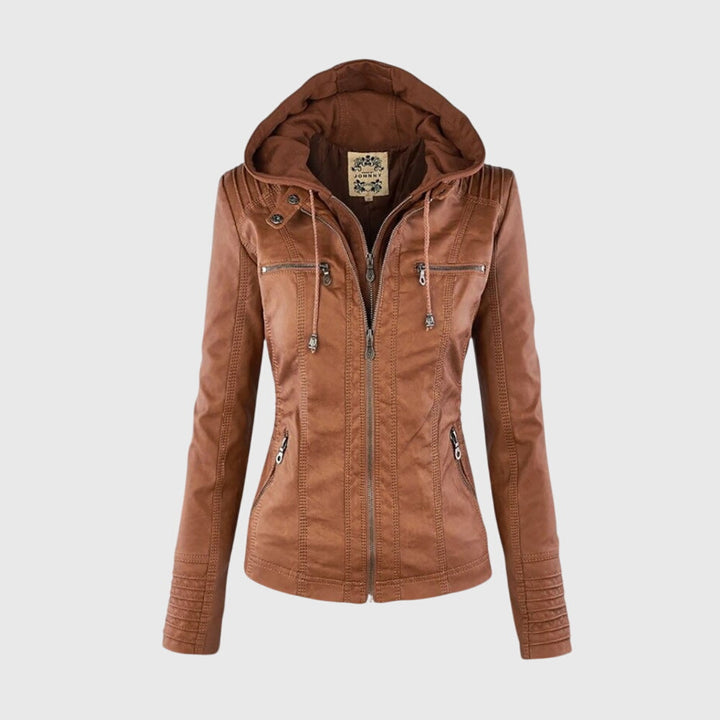Women's Faux Leather Jacket with Hood – Fitted Casual Coat