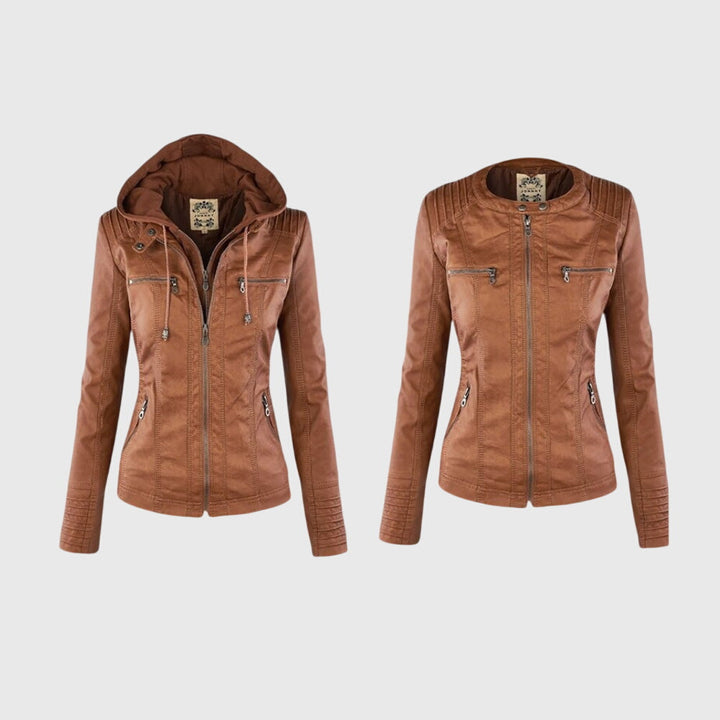 Women's Faux Leather Jacket with Hood – Fitted Casual Coat