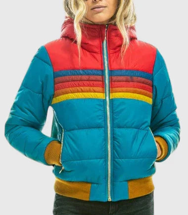 Women's Striped Puffer Jacket – Retro Padded Warm Winter Coat