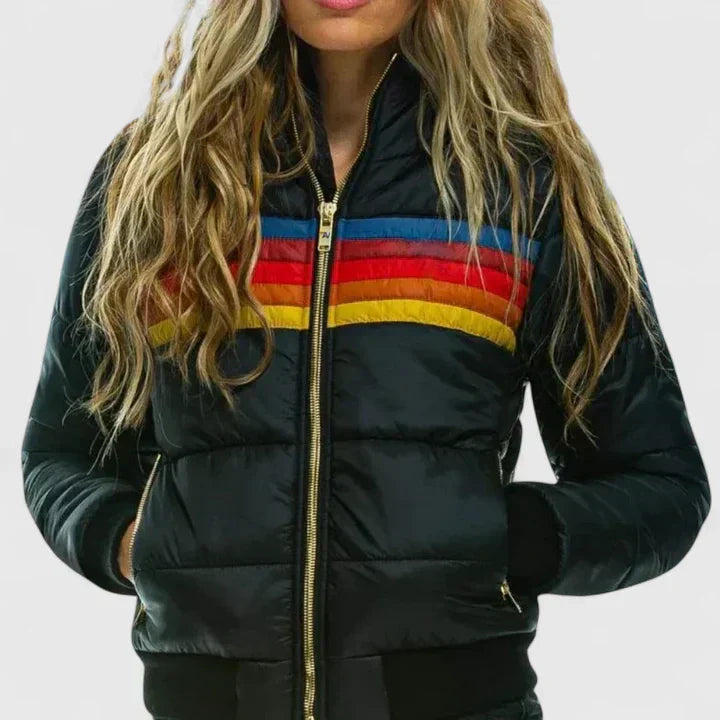 Women's Striped Puffer Jacket – Retro Padded Warm Winter Coat
