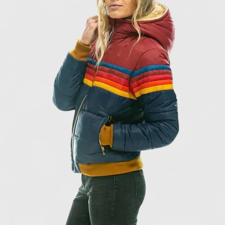 Women's Striped Puffer Jacket – Retro Padded Warm Winter Coat