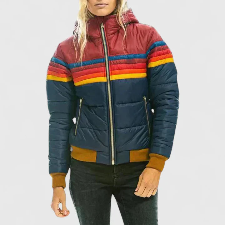 Women's Striped Puffer Jacket – Retro Padded Warm Winter Coat