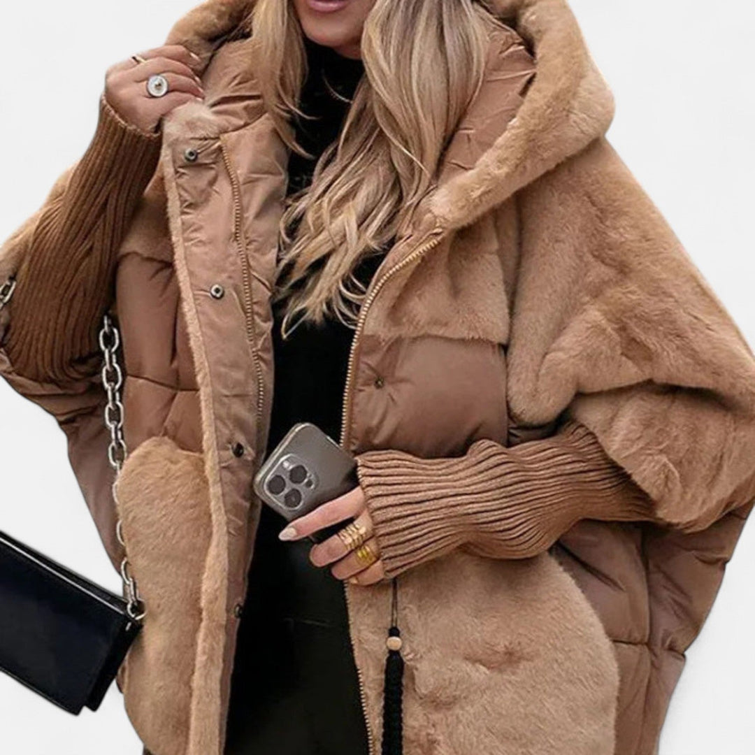 Women's Oversized Puffer Jacket – Hooded Patchwork Winter Coat