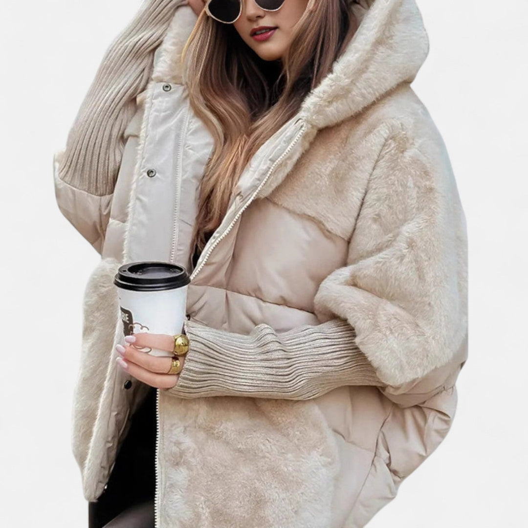 Women's Oversized Puffer Jacket – Hooded Patchwork Winter Coat